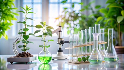 Biology laboratory nature and science, plant and environmental study, DNA, gene therapy, and plants with biochemistry structures on white backgrounds