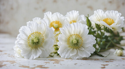 Obraz premium White Poppies on Rustic Wood Background