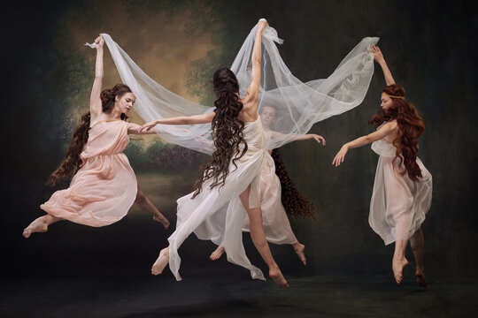 Group of young beautiful ballerinas gracefully moves in dance, as muses against vintage studio background. Concept of ballet, history and classic, fusion of modernity and ancient times in art.