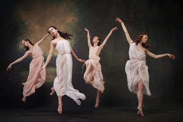 Beautiful girls, ballerinas leaping gracefully in motion, as mythological muses against vintage...