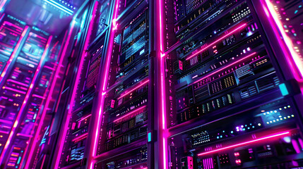 Futuristic blockchain infrastructure sleek servers neon accents 