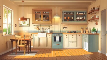 A traditional kitchen with wooden cabinets, a farmhouse sink, and a dining table, illustration background