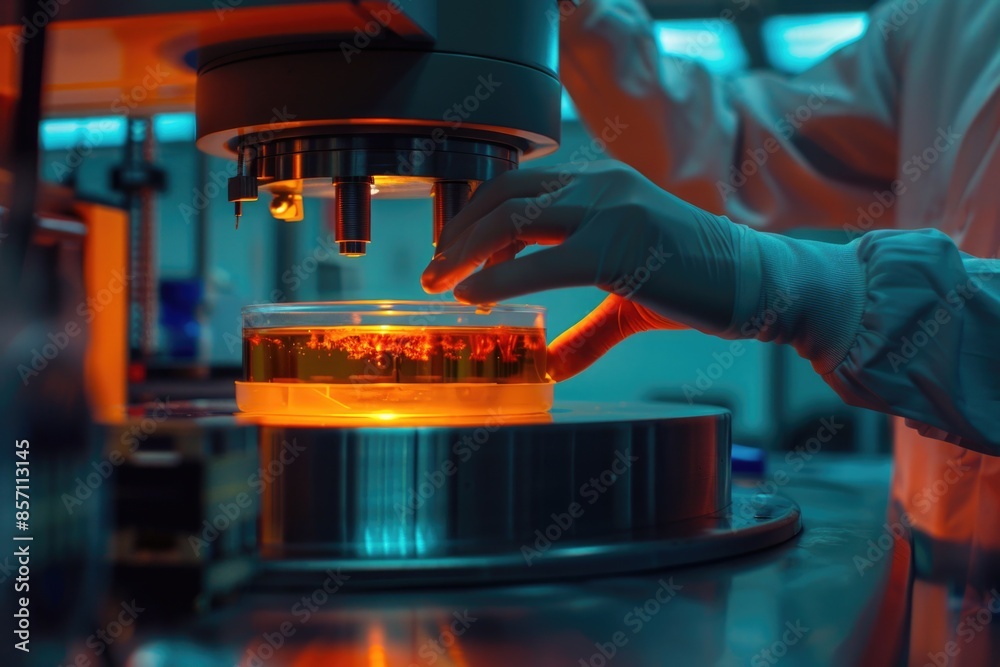 Poster A scientist examining a sample under a microscope