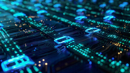 Futuristic smart contract illustration digital agreement on blockchain glowing blue and green elementsmodern technology background 