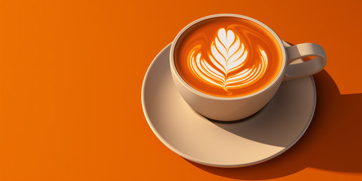 Coffee background, cup of coffee with latte art on plain orange background, copy space, top view