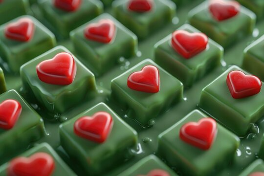 A selection of chocolates featuring heart-shaped wrappers and decorations