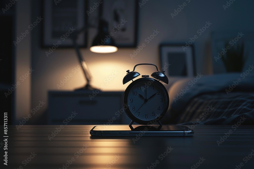Poster a close-up view of an alarm clock sitting on top of a wooden table