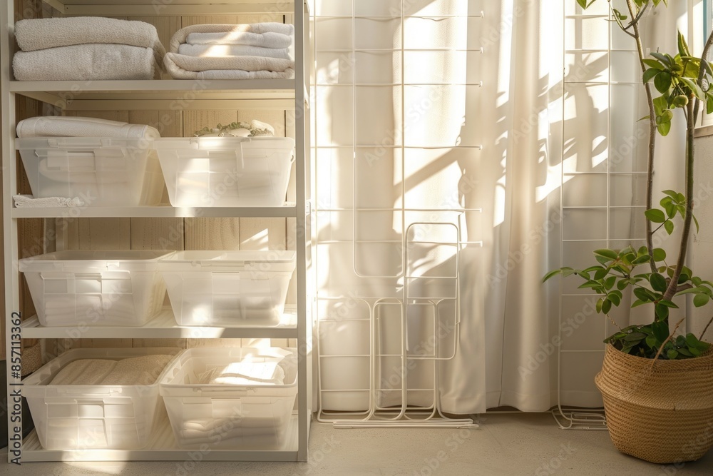 Poster a shelf filled with numerous white towels