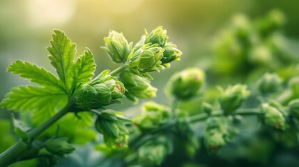 Fototapeta premium Sunlit green hops buds ready for harvest in field.