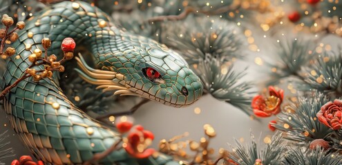 Fototapeta premium Symbol of 2025 Chinese Zodiac. Snake with golden accents among festive branches. Celebrating the Happy Chinese New Year. Year of the Snake.