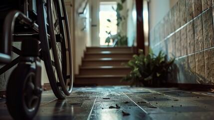A wheelchair sits in a hallway next to a staircase, providing easy access to the stairs