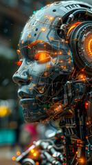 Fototapeta premium Futuristic Cyborg With Human Features, Digital Intelligence Concept, Glowing Circuits, AI And Robotics Merging, Advanced Technology In Rainy Urban Setting, Concept of Artificial Consciousness