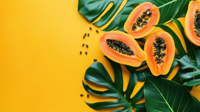 A vibrant image featuring papain fruit on a bright yellow background, ideal for use in food, health, or cultural content