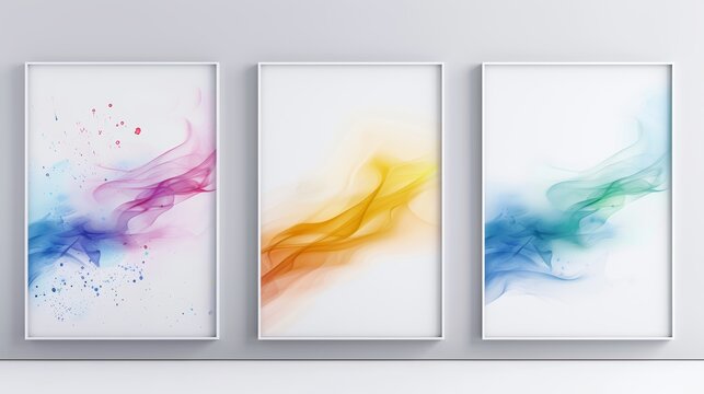 Contemporary art series of three posters, each with energetic watercolor splash designs. Hung horizontally on a white wall, the vibrant colors and abstract patterns captivate