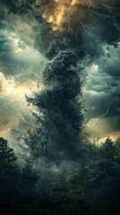 Dramatic Tornado Sweeping Across Christmas Tree Farm Under Stormy Sky with Lightning