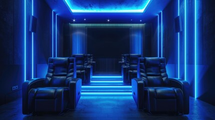 A collection of recliners set up in a poorly lit space, ideal for use as background or decorative element