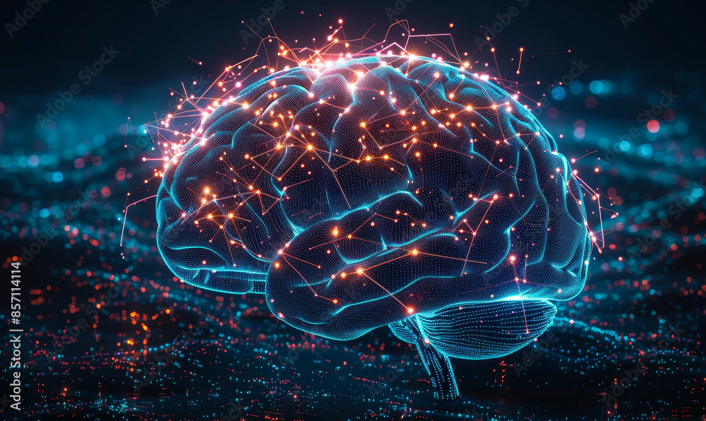 Poster futuristic digital illustration of advanced smart brain technology with neural networks and data con