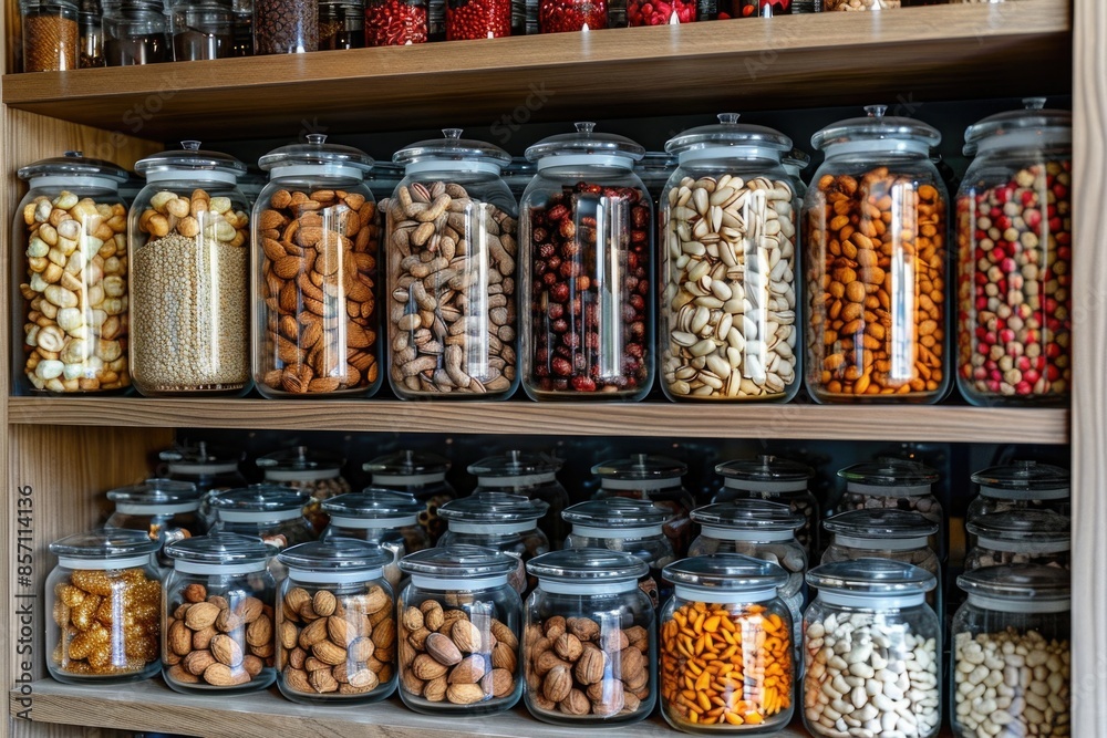 Poster Shelf filled with various types of nuts, including peanuts, almonds, walnuts, and more