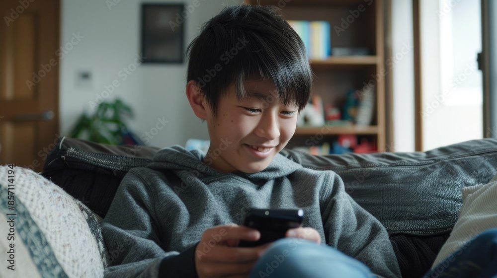 Poster a young person sitting on a couch looking at their mobile device, possibly texting or browsing the i