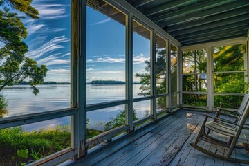 A person sitting on a porch in front of a lake, using a rocking chair for relaxation