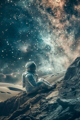 Naklejka premium Astronaut Gazing at Star Filled Sky from an Alien Planet's Rocky Surface