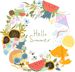 Cute Cartoon Wreath with Animals meeting Summer. Vector Illustration