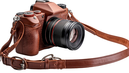 Camera with brown leather strap camera isolated on transparent background