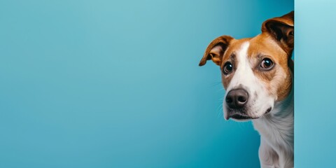 funny and happy puppy dog peeking out from behind a blue banner