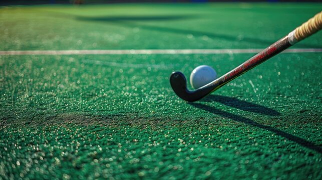 A close-up shot of a hockey stick and ball on a grassy field, ideal for sports or outdoor-themed designs