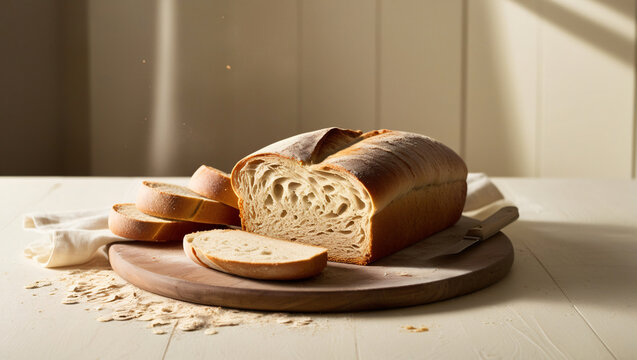 Homemade arina bread and slices of bread on wooden table isolated white background for text