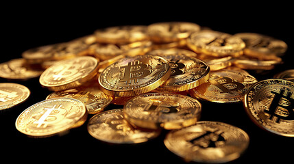 Golden bitcoins shiny and new virtual money photorealistic image detailed and realistic lighting coins on a dark black backdrop 