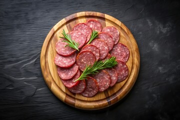 Fototapeta premium Sliced Salami with Rosemary on Wooden Cutting Board.