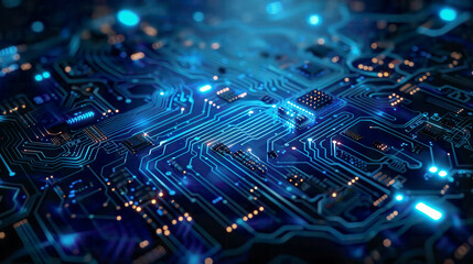 Fototapeta premium High-resolution abstract blue circuit board background with glowing elements and central copy space suitable for AI Technology and Crypto Currency conceptsfuturistic 