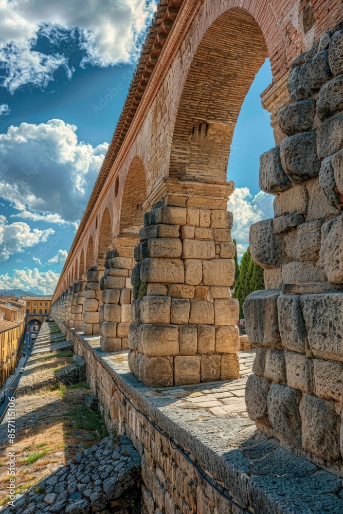 Poster a stone wall with arches and a bright blue sky in the background, suitable for use as a decorative e