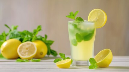 Fototapeta premium Lemonade with fresh mint leaves in a glass