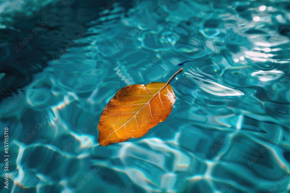 Aufkleber A single leaf floating on the surface of a calm pool of water, great for use in environmental or nature-themed contexts