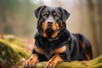 Obraz premium Portrait of a cute rottweiler in scandinavian-style interior background
