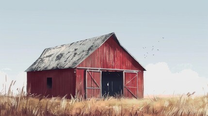 Obraz premium A traditional red barn stands in a lush green field with a sunny sky