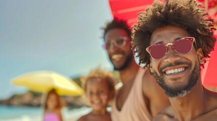 Joyful African American Family Enjoying Sunny Beach Day, Young Adult Parents with Children Smiling, Wearing Sunglasses