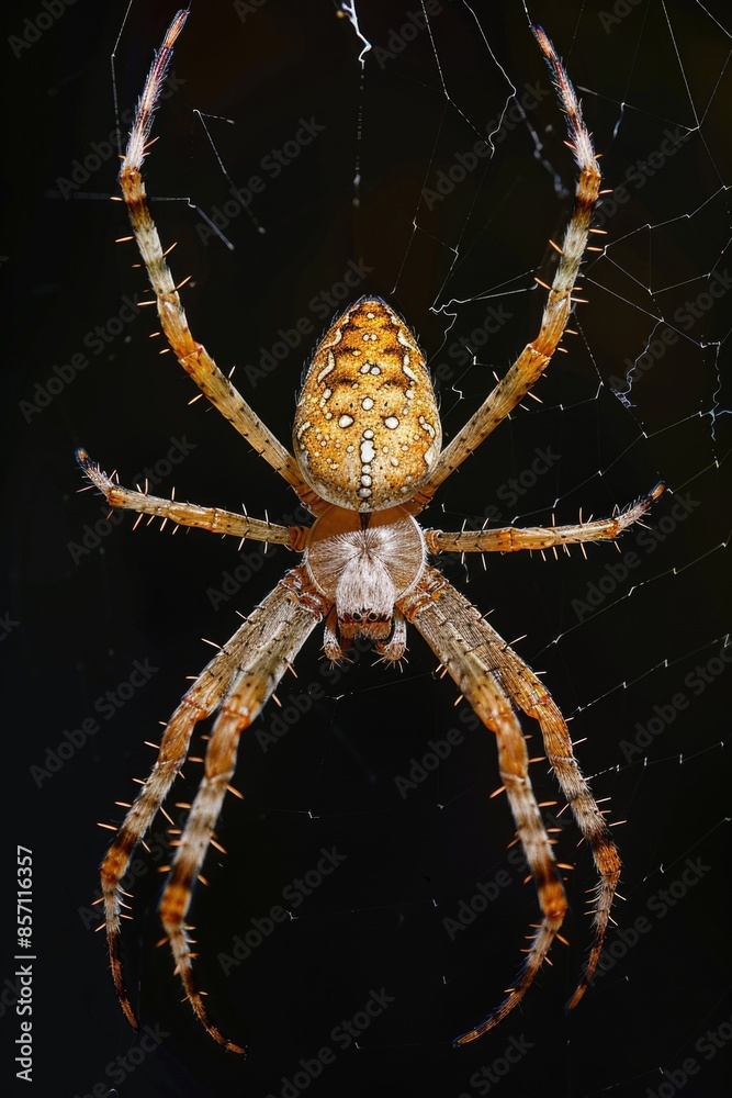 Poster a close-up view of a spider sitting on its web, waiting for prey