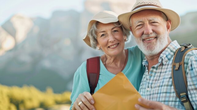 A retired couple visiting a travel agency to plan their retirement trips suggesting the importance of exploring new experiences and traveling during retirement