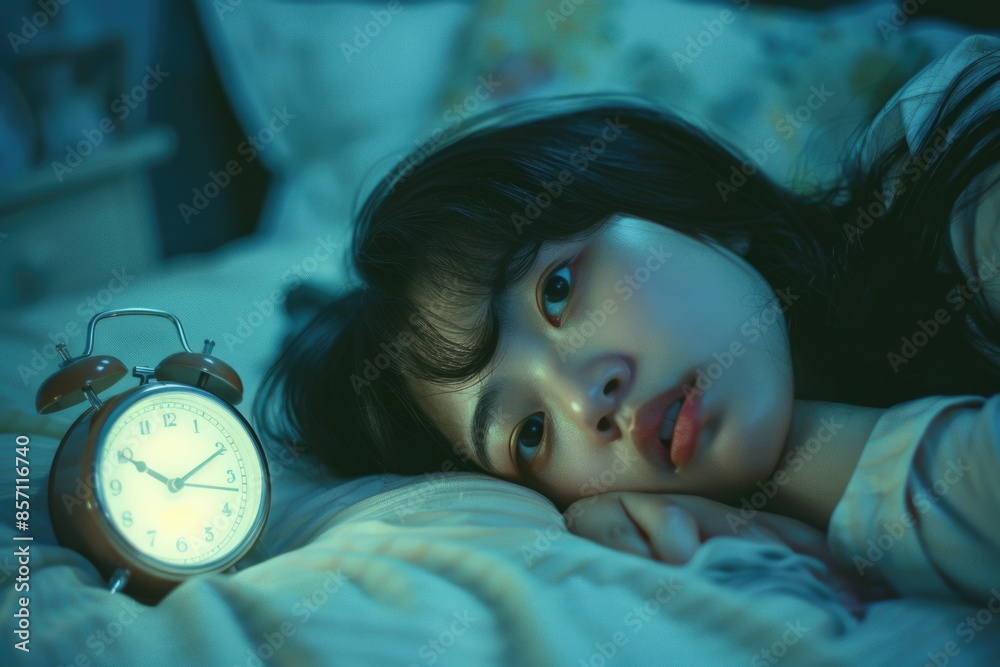 Poster A person lying in bed with an alarm clock nearby, perfect for representing a morning routine or a relaxing atmosphere
