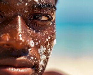 Naklejka premium Young Black Man Applying Sunscreen at Sunny Beach to Protect Against Sunburn