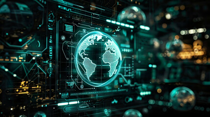Fototapeta premium Virtual digital screen displaying NFT hologram network circuit and globe dark backgroundfuturistic cryptoart and technology concept 