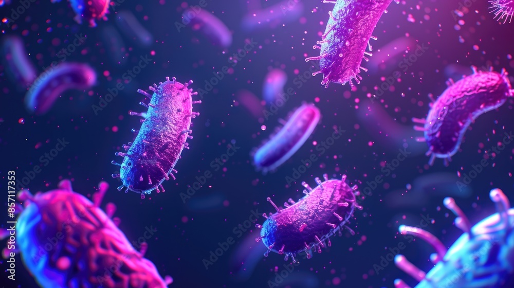 Poster Airborne microbes floating in mid-air, a cluster of bacteria and viruses suspended in the atmosphere