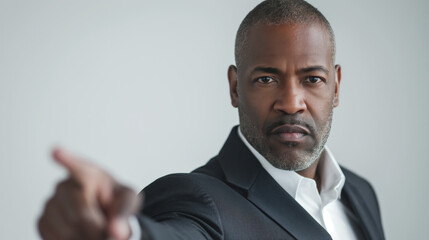 Serious African American man in suit pointing forward with determined expression. Image emphasizes leadership, authority, and confidence