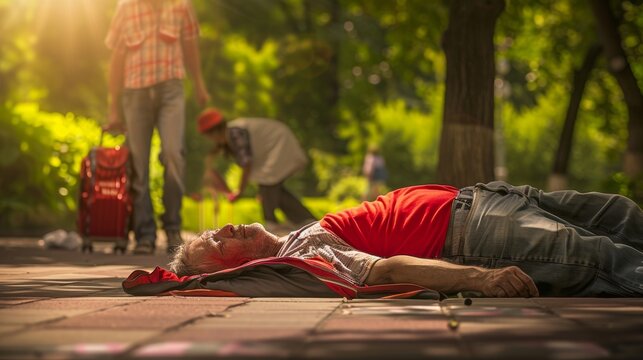 Middle-Aged Man Suffering from Heat Stroke in Park Assisted by Compassionate Male Passerby, Sunny Day