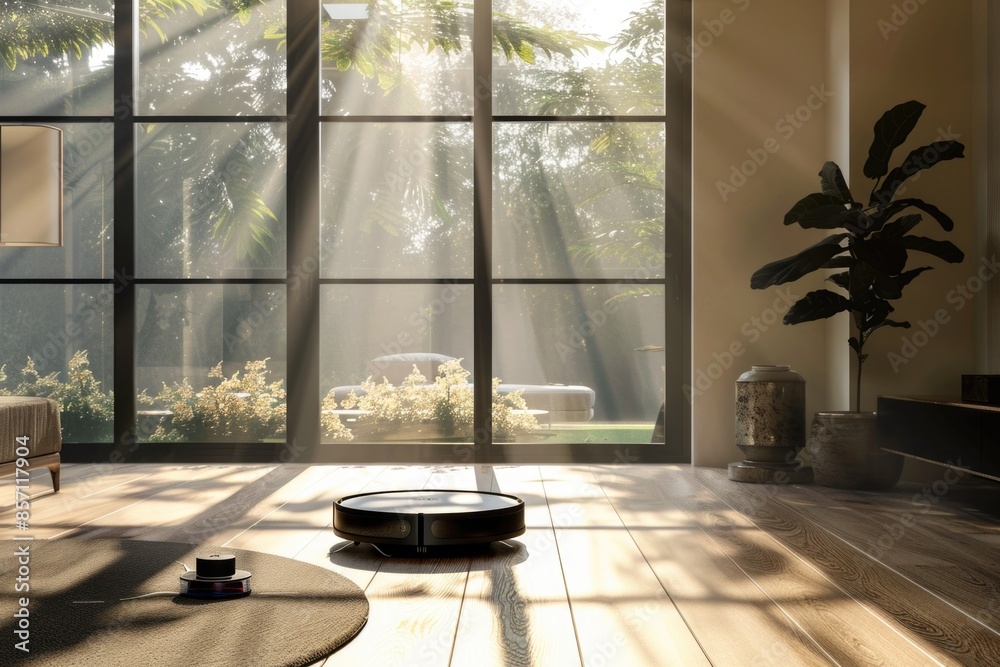 Poster a comfortable living space with a coffee table and a large window, suitable for decorating or storyt