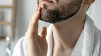 Fototapeta premium Man touching his beard with hand in bathroom. Focus on facial hair and grooming in morning routine