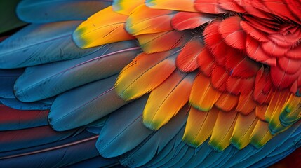 Fototapeta premium Close-Up of Vibrant Macaw Feathers Showcasing a Spectrum of Bright Colors in a Detailed and Textured Pattern